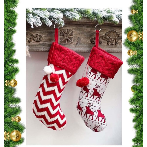 Julestrømper 40 cm Strikket Jule Rød Hvit Stripe Reinsdyr Julestrømper Hengende Strømper for Familie Juledekorasjon Høytid