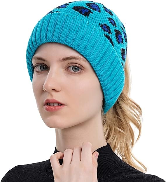 Mjuk Stretch Stickad Tofs Mössa Vintermössa för Kvinnor Cyan