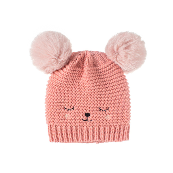 Brodert strikket barnelue for høst og vinter, ensfarget baby lue med dobbel dusk (Rosa)