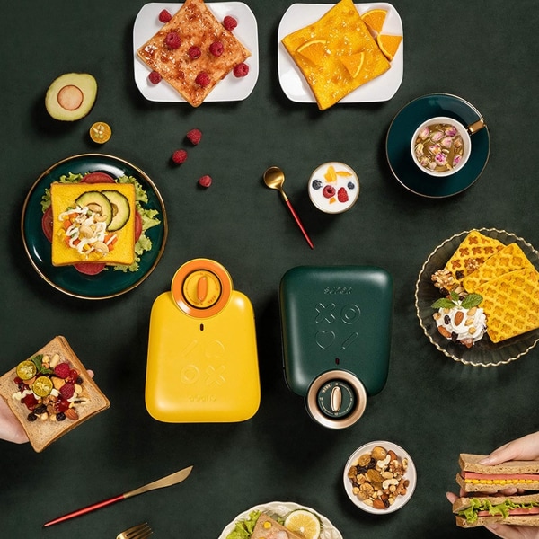Frokostmaskin, Sandwich Frokostmaskin, Multifunksjonstimer, Lett Vaffelbrødmaskin, Trykksteking, 220V, Gul
