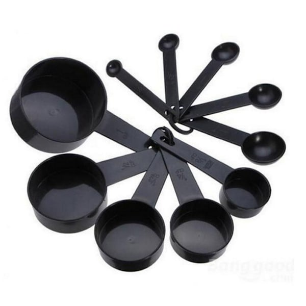Set med 10 plastmätskedar, mätskedar för bakning, vägskedar för hemmet (svart).