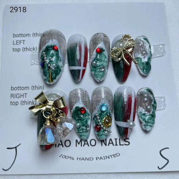 Handgjord jul PRESS PÅ SPIK, julvattendroppformade lösnaglar akrylnaglar Jul lösnaglar tips, juldekoration av nail art