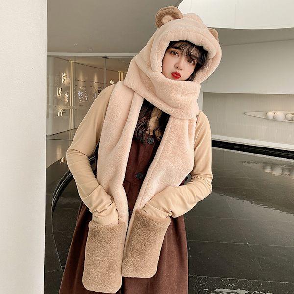 Vintercykling varm mössa scarf integration kvinnlig höst och vinter hörselskydd mössa härlig utlänning (beige)