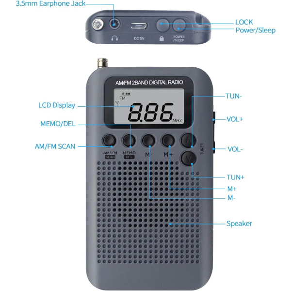Bärbar Radio Mini Pocket Radio med högtalare FM/AM Digital Stereo DSP-mottagare med väckarklocka och timer, personlig radio med hörlurar, Grå