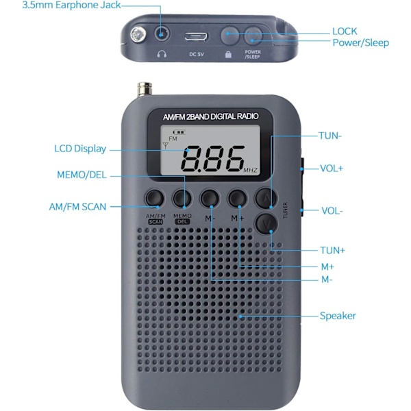 Bärbar Radio Mini Pocket Radio med högtalare FM/AM Digital Stereo DSP-mottagare med väckarklocka och timer, personlig radio med hörlurar, Grå