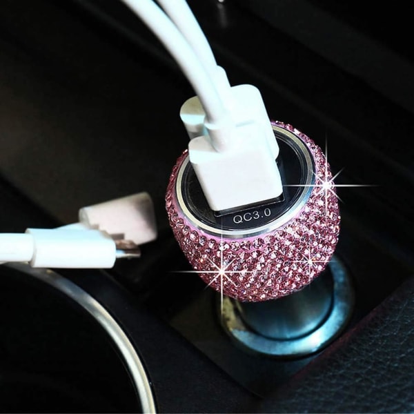Dubbel USB billaddare Quick Charge 3.0 Bling Bling Rose Crystal Bildekorationer för snabbladdning av bildekorer för iPhone Android iOS etc.