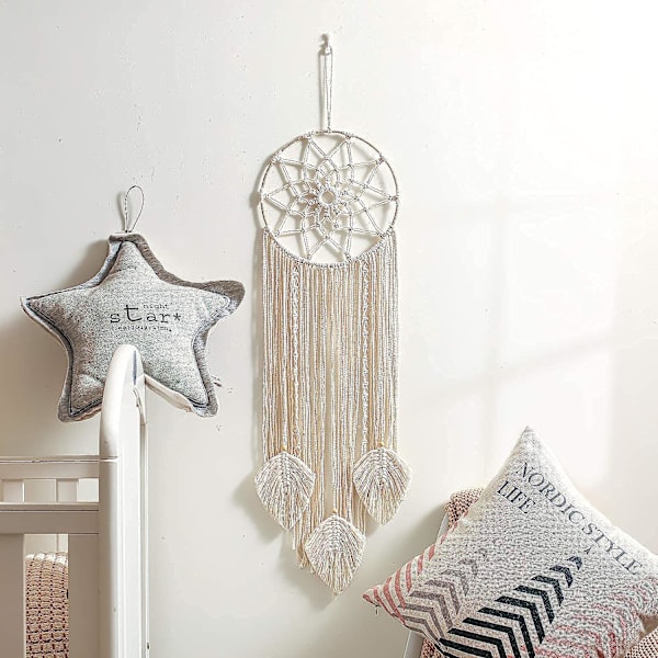 Kæmpe Drømmefanger Macramé med vævede fjer til ophæng på væggen, håndlavet, boheme, indretning, gave, 80 x 25 cm
