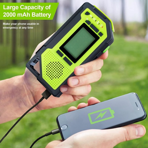Bärbar radio med LCD-skärm och 2000mAh uppladdningsbart batteri Handvev Nödradio Solar Power Bank SOS Alarm -Grön