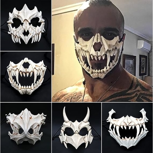 Japanese Half Mask - Tiger Mask,Ye Yaksha Dragon God Tengu Black Tortoise, Resin Skull Skrämmande skräck Ninja Mask Kostym rekvisita