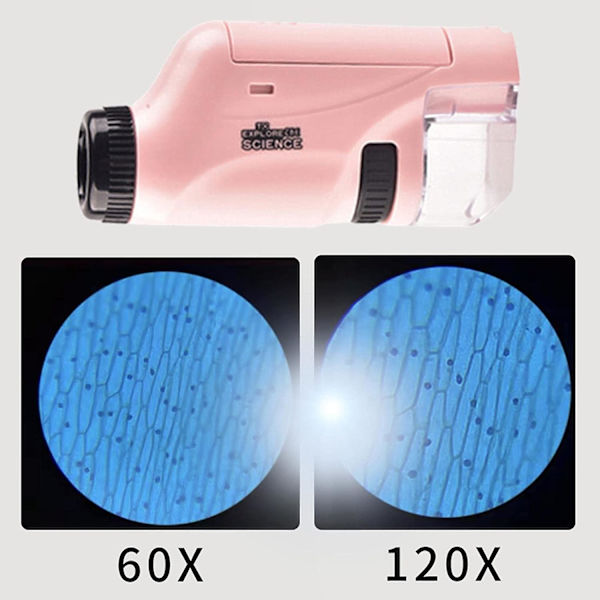 1-delat handhållet bärbart mikroskop för barn 60X-120X optisk minibiologiska vetenskapsexperiment presentpusselleksak för grundskoleelever (rosa
