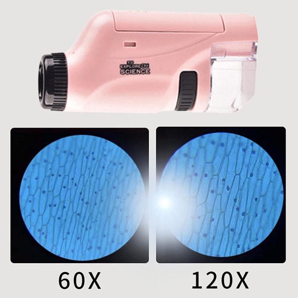 1-delt håndholdt, bærbar mikroskop for barn, 60X-120X optisk mini biologisk vitenskapseksperiment gave pusleleke for barneskoleelever (rosa