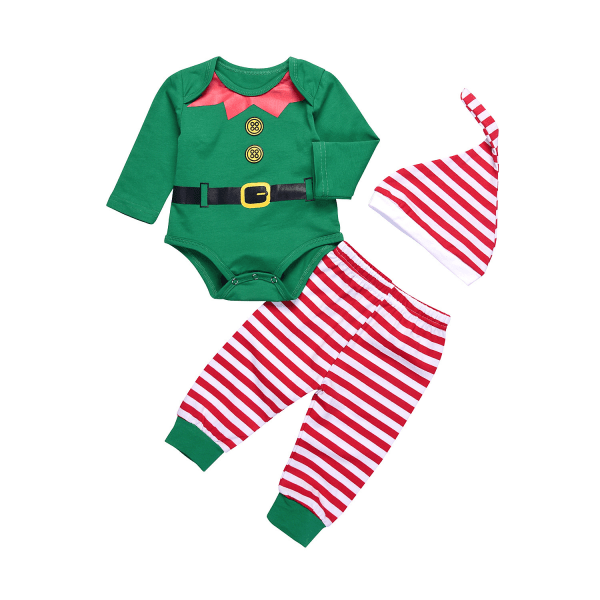 3st Baby Boy Girl Christmas Elf Outfit Långärmad Romper med hatt (6-12 månader)