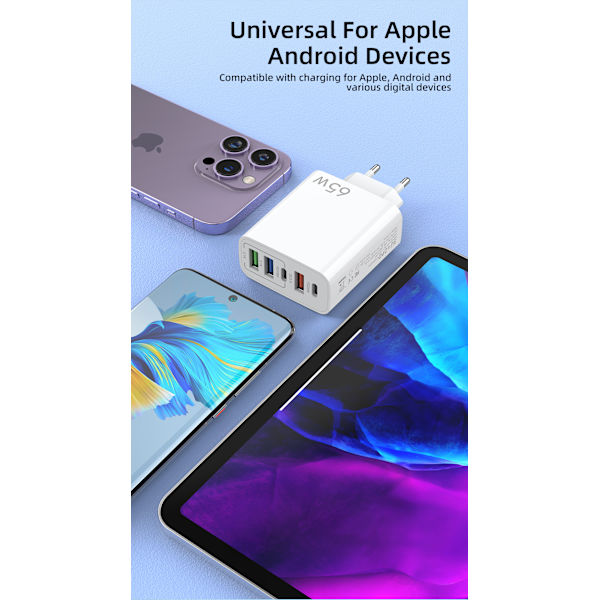 GaN Snabbladdning 65W USB Typ C-laddare PD 3.0 Snabbladdningsvägg För Telefonadapter För iPhone 15 Xiaomi Huawei Samsung Oneplus