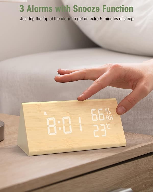 Digital väckarklocka i trä, digital klocka med snooze/datum/temperatur och luftfuktighet - Bambu