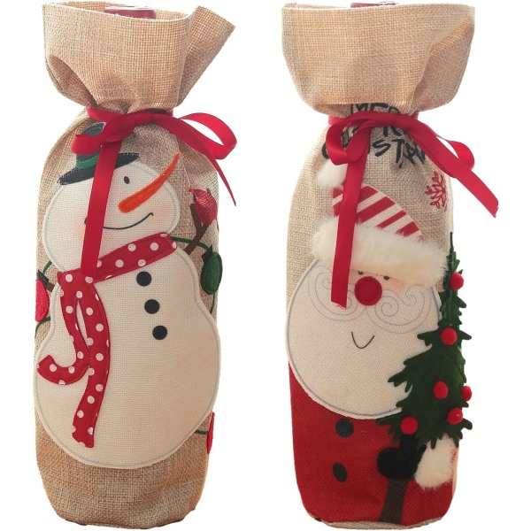 Julevinpose, Gavepose til vinflaske i jute med snøre, Genanvendelige vinflaskeovertræk til jul, bryllup, fødselsdag, festdekoration (2 stk)