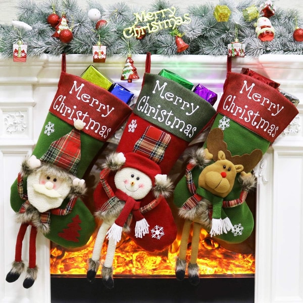 Julstrumpa, 18 tum stora strumpor Set med 3 julkaraktärer Tomte, snögubbe, renar 3D plysch juldekorationer för hem och fest Acc