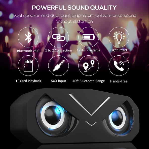 Bluetooth högtalare, bärbar trådlös Bluetooth 5.0-högtalare med LED-lampor för djup bas, stereohögtalare för subwoofer (svart)