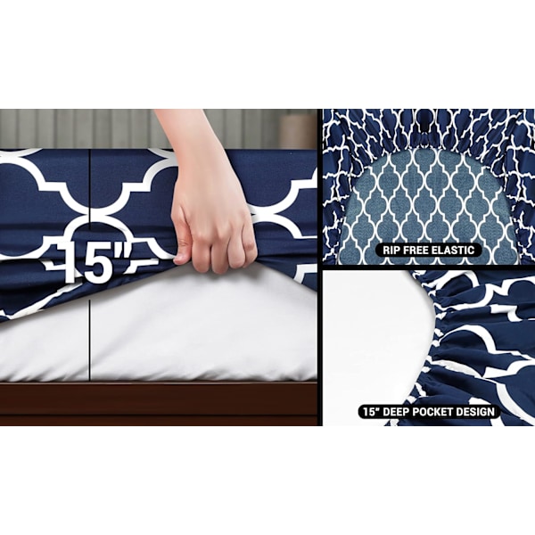 Printed King Lakan Set - 1 Fitted Lakan, 2 Örngott - Mjukt borstat mikrofibertyg - Krymp- och blekningsbeständig (King, Quatrefoil Navy med Whisky)