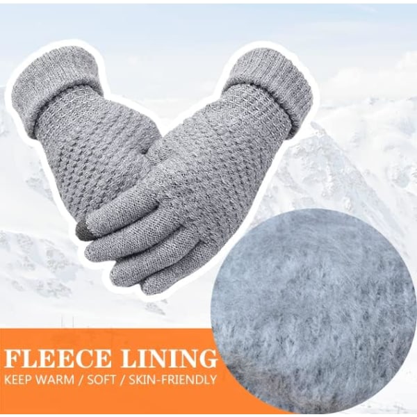 2 par Vinterhandskar med pekskärm för kvinnor, varma fleecefodrade stickade handskar Elastiska manschett vinterhandskar för textning (svart+grå)