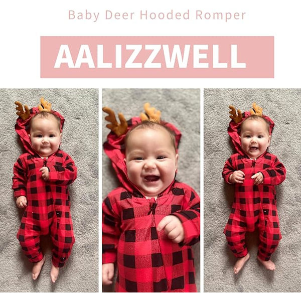 Baby juloutfit, baby toddler pojkar flickor långärmad huva dragkedja Jumpsuit Julkläder (0-6 månader)