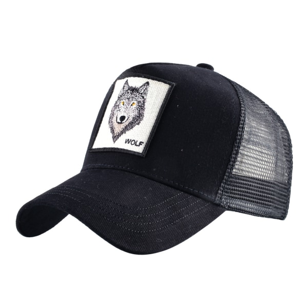 Unisex Baseballkasket med broderet dyr, justerbar mesh snapback trucker hat (sort)