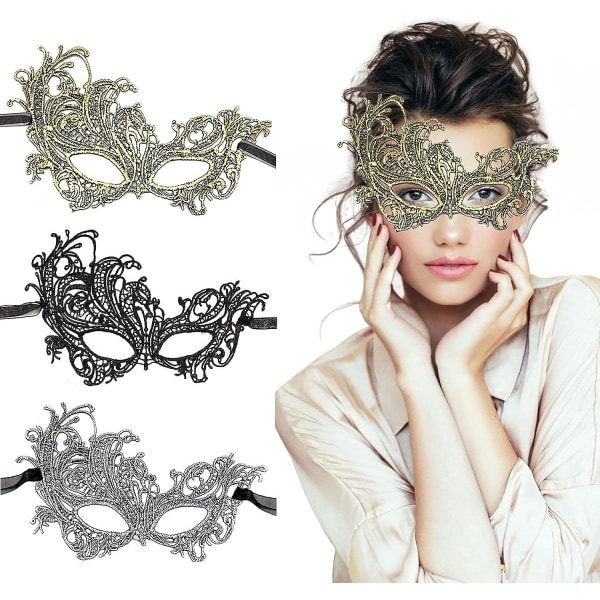 Maskeradmask - Venetiansk mask för kvinnor Pretty Elegant Lady Spets Maskerad Halloween Mardi Gras Party Guld+Silver+Svart