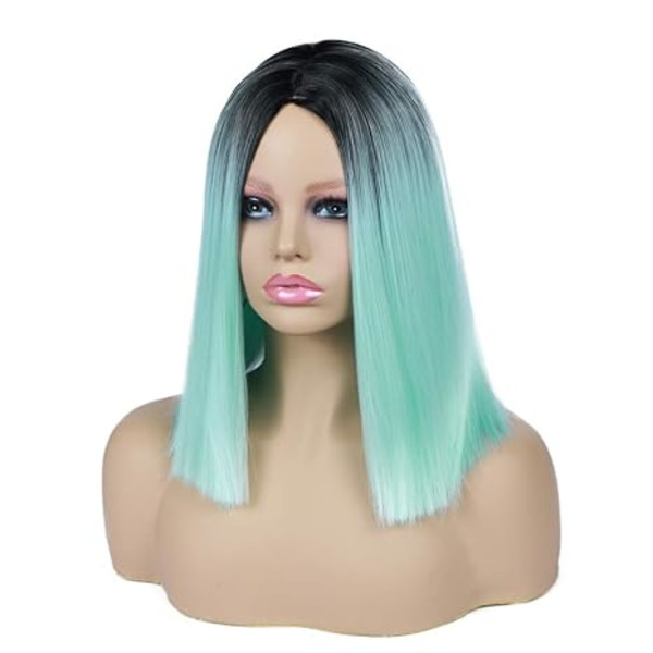 Mintgrön Kort Rak Syntetisk Peruk Mittbena Bob Peruk Värmebeständig Rollspel Party Färgglad Damperuk 35 cm