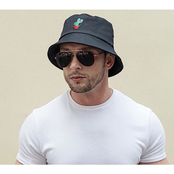 Bucket Hat Bomull Sommar Fisherman Hat för kvinnor män，（kaktus-svart）
