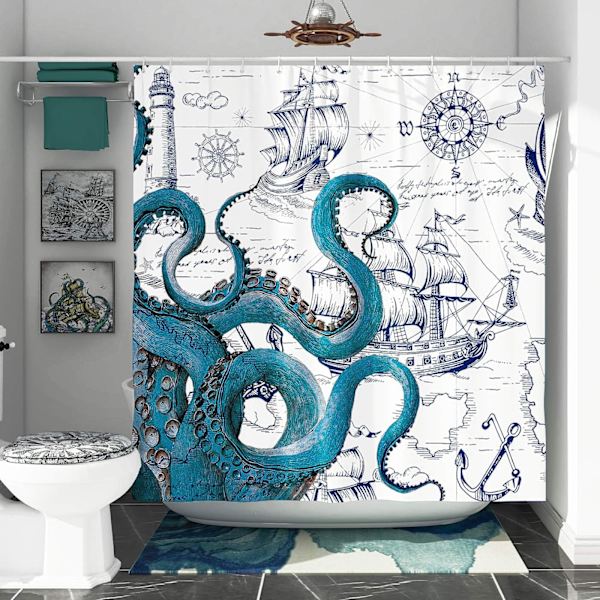 Cool Octopus Duschdraperi Anime Nautisk Duschdraperi Teal Kraken Duschdraperi Segelbåt Pirat Duschdraperi Polyestertyg-72" x 72"