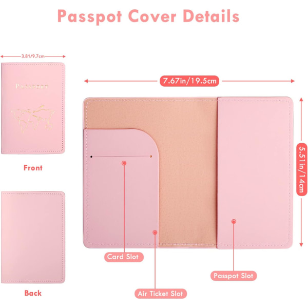 Bagagelapp och passfodral, 2xPU-läder resväskaetikett, 2xResepasshållare, Bagagelappar för att förhindra borttappade väskor och resväskor (rosa+vit)