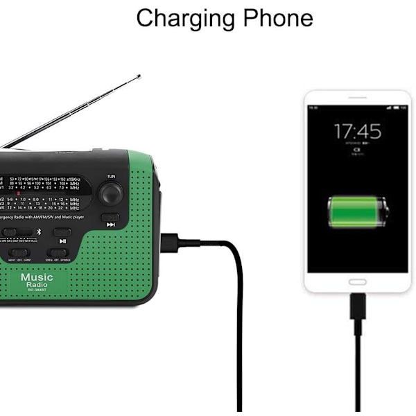 FM/AM/SW Utomhus nödradio - LED-ficklampa - Solcellsdriven - Kan ladda telefonen i nödsituationer (grön)