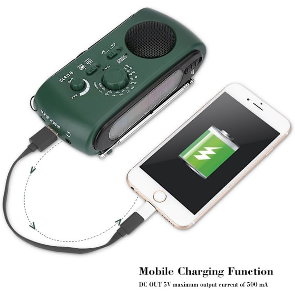 Nødradio med håndsveiv og lommelykt, AM/FM solcelledrevet LED-radio med USB-kabel, backup-lykt for campinglading