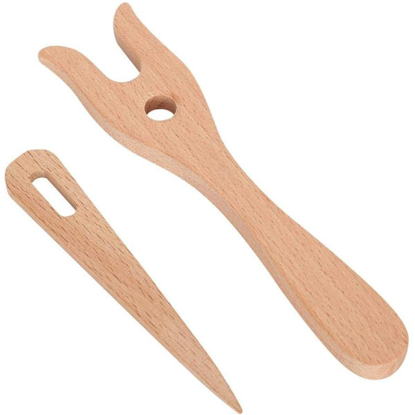 Set, stickgaffel i trä och virknål för stor öga