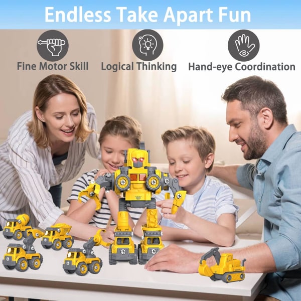Ta isär robotleksaker för 5+ år gamla pojkar, 5 i 1 STEM-leksaker Fordon förvandlas till konstruktionsrobotar, bygger leksaksbil med borr, födelsedag C