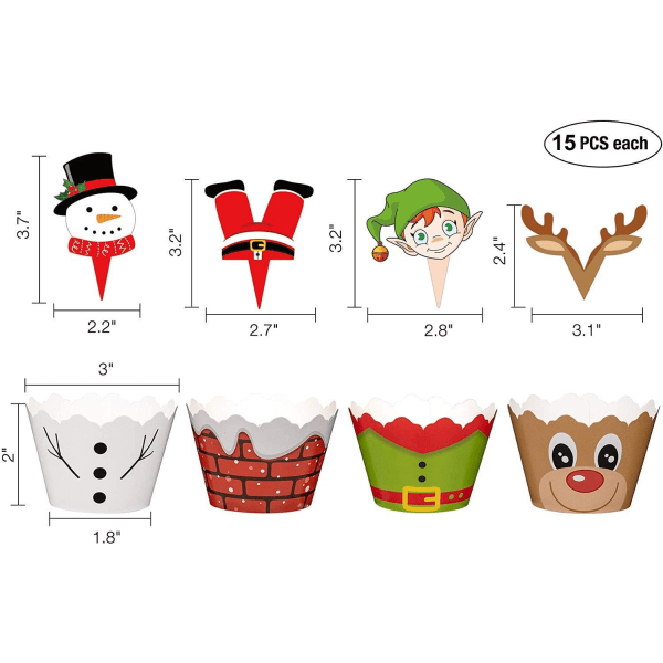 120 Stykker Jule Cupcake Toppers Wrappers Festartikler - Snemand Julemand Rensdyr Alf