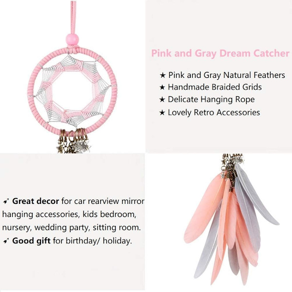 Drømmefanger Håndlavet Drømmefanger Grå Fjer Vægophæng Ornament Bil Interiør Bakspejl Vedhæng Bil Charm Hængende (Pink)
