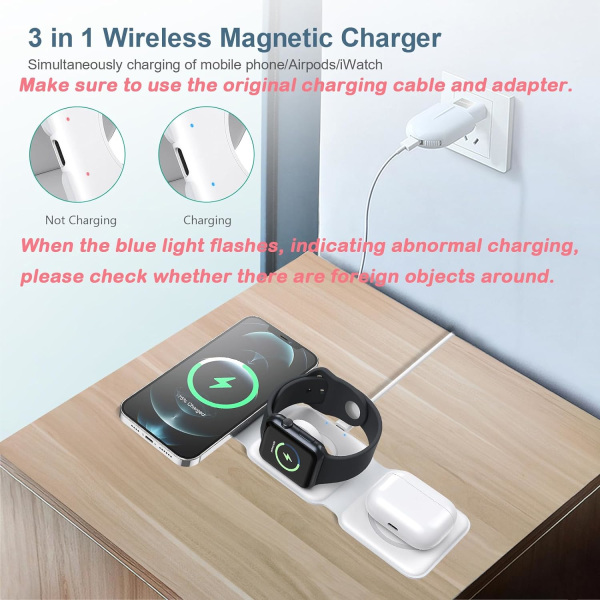 Opladningsstation til flere enheder - 3 i 1 Foldbar Magnetisk Trådløs Oplader Dock - Rejse Opladningsplade (hvid)