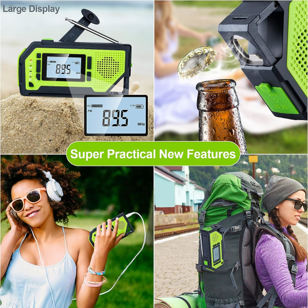 Bärbar radio med LCD-skärm och 2000mAh uppladdningsbart batteri Handvev Nödradio Solar Power Bank SOS Alarm -Grön