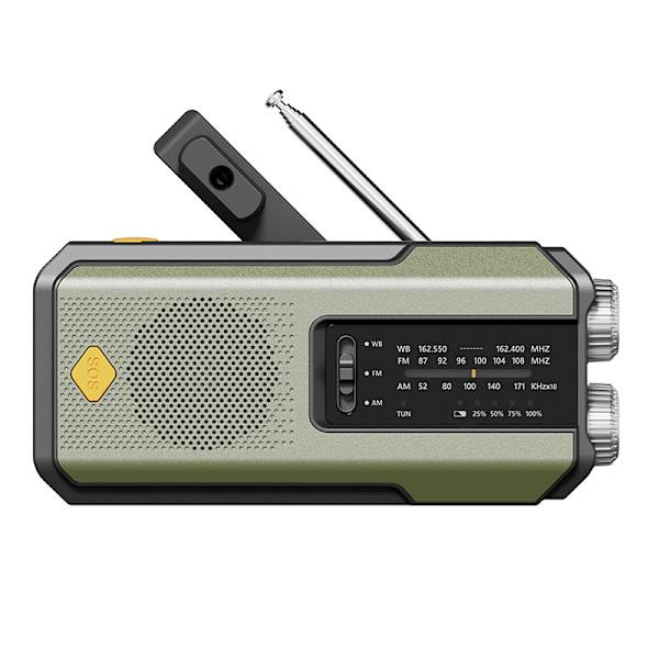 Håndsveivradio med 3 LED-lommelykt, bærbar værrradio AM/FM/NOAA med telefonlader, soldrevet USB-ladet radio for innendørs- og utendørs camping grön