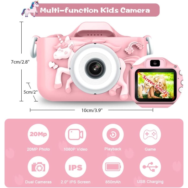 Barnkamera, digitalkamera för barn 20 MP foto & 1080P HD-video/dubbel lins/selfiekamera/ 8X zoom/automatisk power /32 GB TF-kort medföljer, rosa
