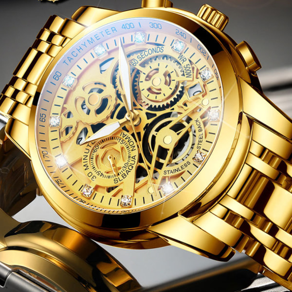 Watch herrskelett lysande vattentät skeleton stålband Högkvalitativ watch (guld)