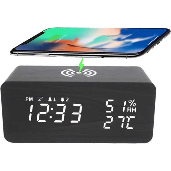 Digital väckarklocka, Digital väckarklocka med trådlös laddning, LED digital klocka Digital väckarklocka med temperatur/ USB laddningsport (svart)