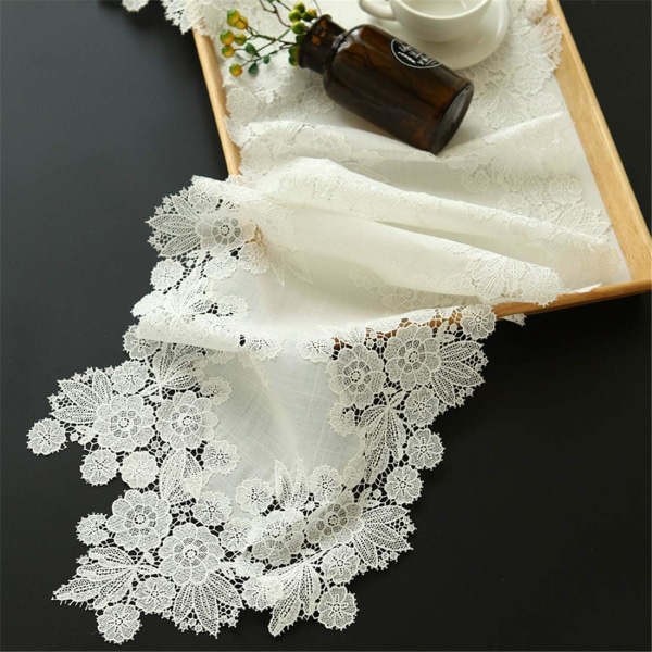 Vit Broderad Bordslöpare i Spets med Små Blommor, Gårdshus Mantel Scarf, för Sovrum, Rustikt Bröllop, Möhippa, Dekoration för Soffbord 13