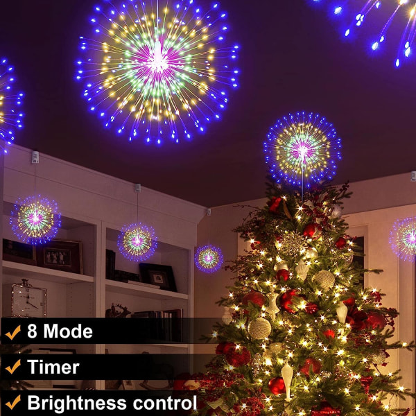 200 LED fyrverkeriljus koppartråd sfärljus med fjärrkontroll, 8 lägen batteridriven ljuskrona Handing Ball Fairy Light för julfest dekoration