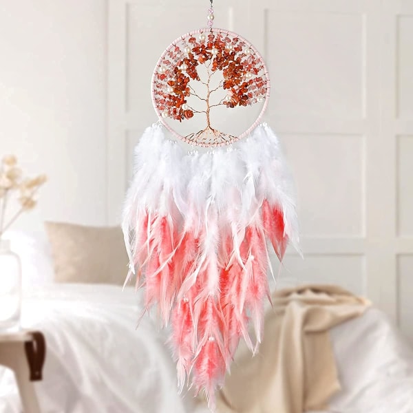 Handgjord Crystal Bohemian Tree of Life Dreamcatcher Feather Dreamcatcher Heminredning för sovrum, bröllop, (Rosa)