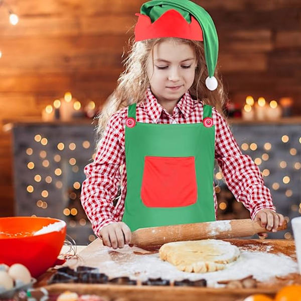 2 stycken jultomtesatser inklusive tomteförkläden och tomtehattar för julfestkostymer (grön)