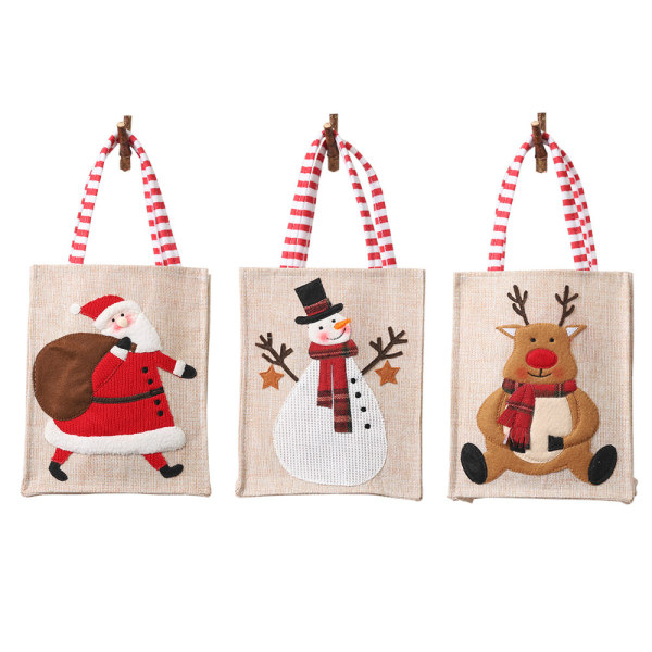 3 stycken Burlap tredimensionell broderi presentpåse barn godis presentpåse kreativ färg jultomten tygpåse