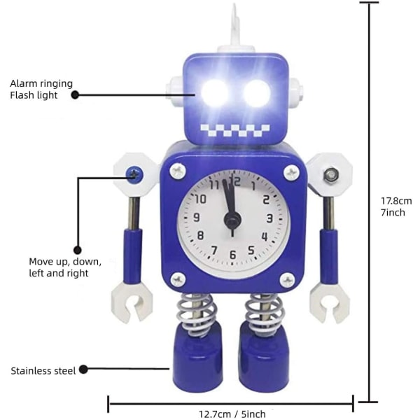 Robotväckarklocka, tyst väckarklocka i rostfritt metall med blinkande upplysta ögon och roterande arm, present till barn (blå)
