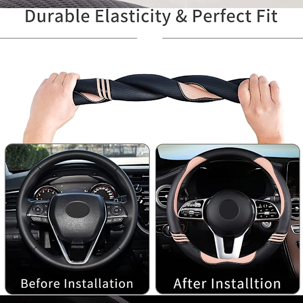 Söt cover för kvinnor, kolfiber och perforerat läder med anti-slip gummiring, rattskydd för män, Universal Fit 14,5-