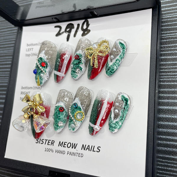 Handgjord jul PRESS PÅ SPIK, julvattendroppformade lösnaglar akrylnaglar Jul lösnaglar tips, juldekoration av nail art